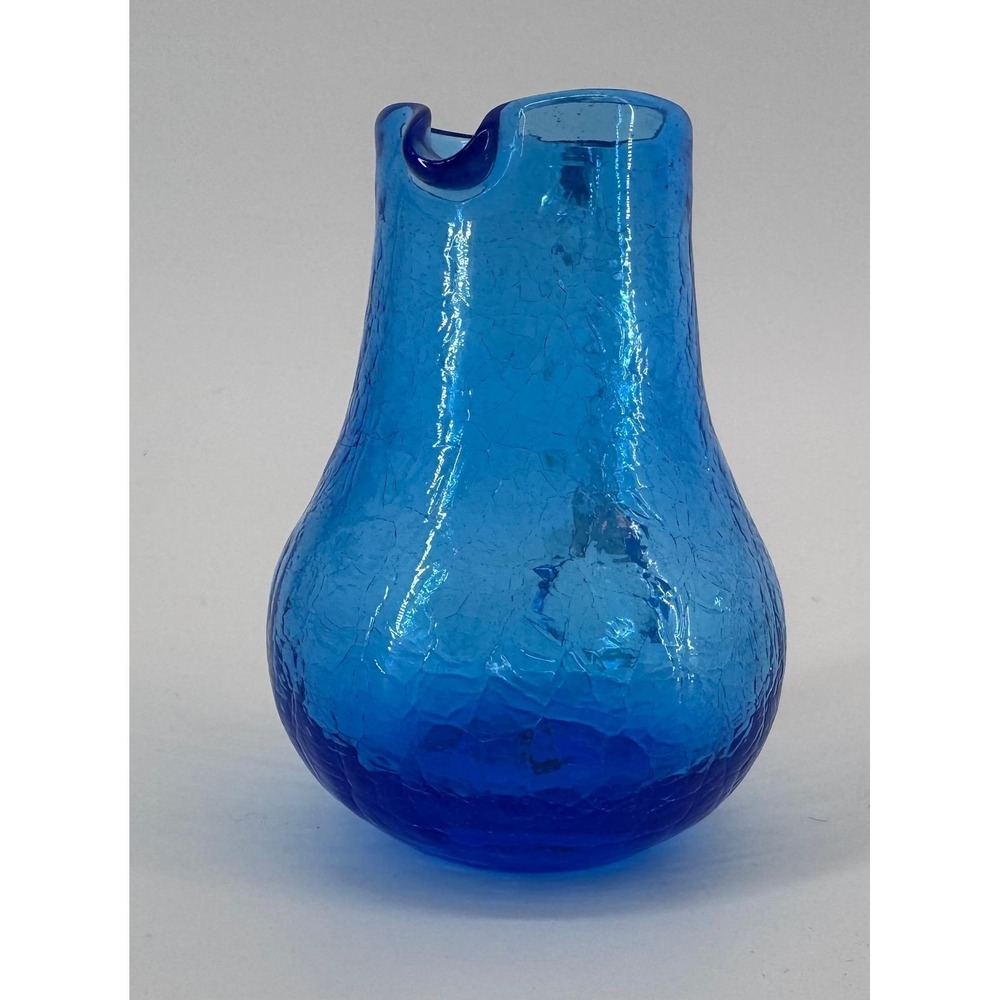 Blenko or Pilgrim Style Cobalt Crackle Glass Pitcher Decor Creamer Jug 3.5 in - Picture 2 of 9